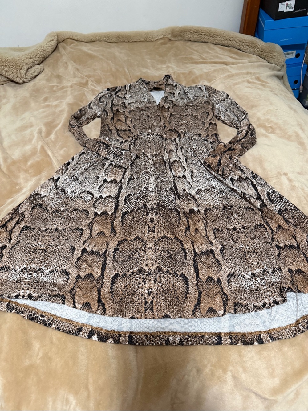 H&M Snake Print Long Sleeve Fit-and-Flare Dress - Brown & Black Women’s Small